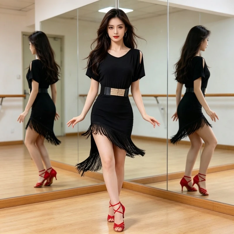 Women Summer Short Sleeve Latin Dance Dress Black Slim Fit Standard Dance Performance Practice Costume Performance Accessories
Women Summer Short Sleeve Latin Dance Dress Black Slim Fit Standard Dance Performance Practice Costume Performance Accessories