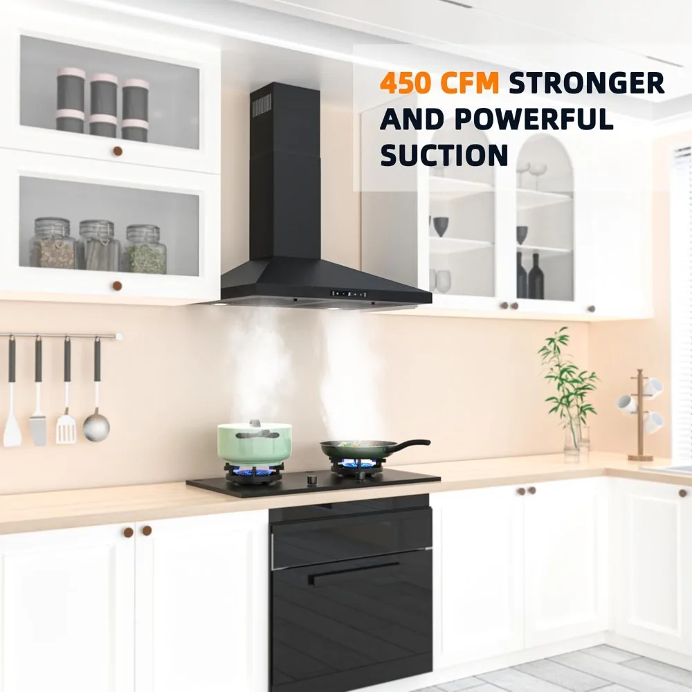 Black Range Hood 450 CFM Wall Mount Range Hood with Ducted/Ductless Convertible, Gesture Sensing Control
Black Range Hood 450 CFM Wall Mount Range Hood with Ducted/Ductless Convertible, Gesture Sensing Control