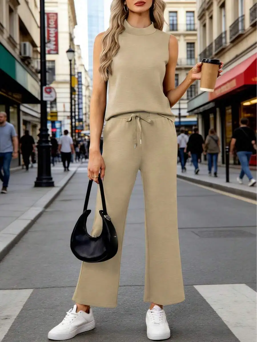 Womens Mock Neck Tank Top And Wide Leg Pants 2 Piece Lounge Set
Womens Mock Neck Tank Top And Wide Leg Pants 2 Piece Lounge Set