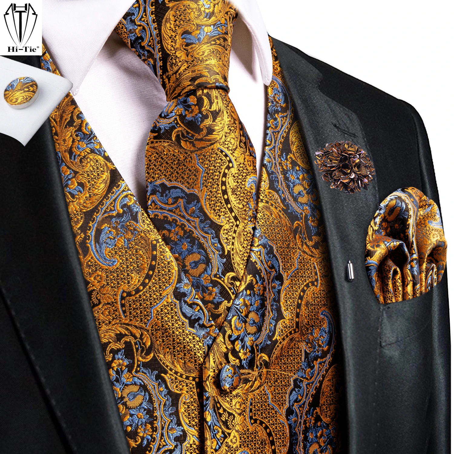 Hi-Tie Orange Brown Gold Blue Red Silk Men's Vests Jacquard Waistcoat Tie Hanky Cuff Buttons Brooch Set for Men Wedding Office
Hi-Tie Orange Brown Gold Blue Red Silk Men's Vests Jacquard Waistcoat Tie Hanky Cuff Buttons Brooch Set for Men Wedding Office