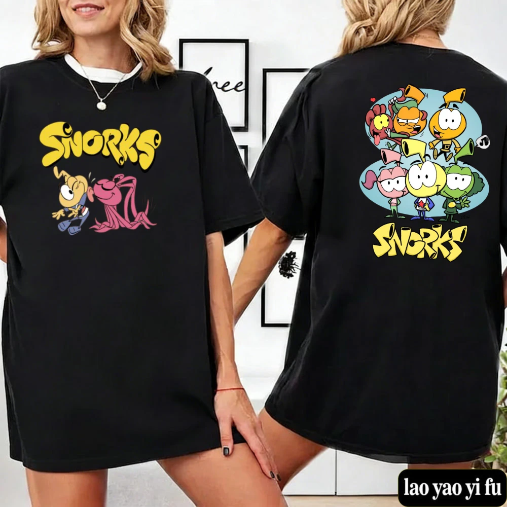 Vintage Snorks Double Sided Print T Shirt Unisex Casual Cotton Tee, Cute Cartoon Graphic Top Streetwear for Men Women Summer
Vintage Snorks Double Sided Print T Shirt Unisex Casual Cotton Tee, Cute Cartoon Graphic Top Streetwear for Men Women Summer