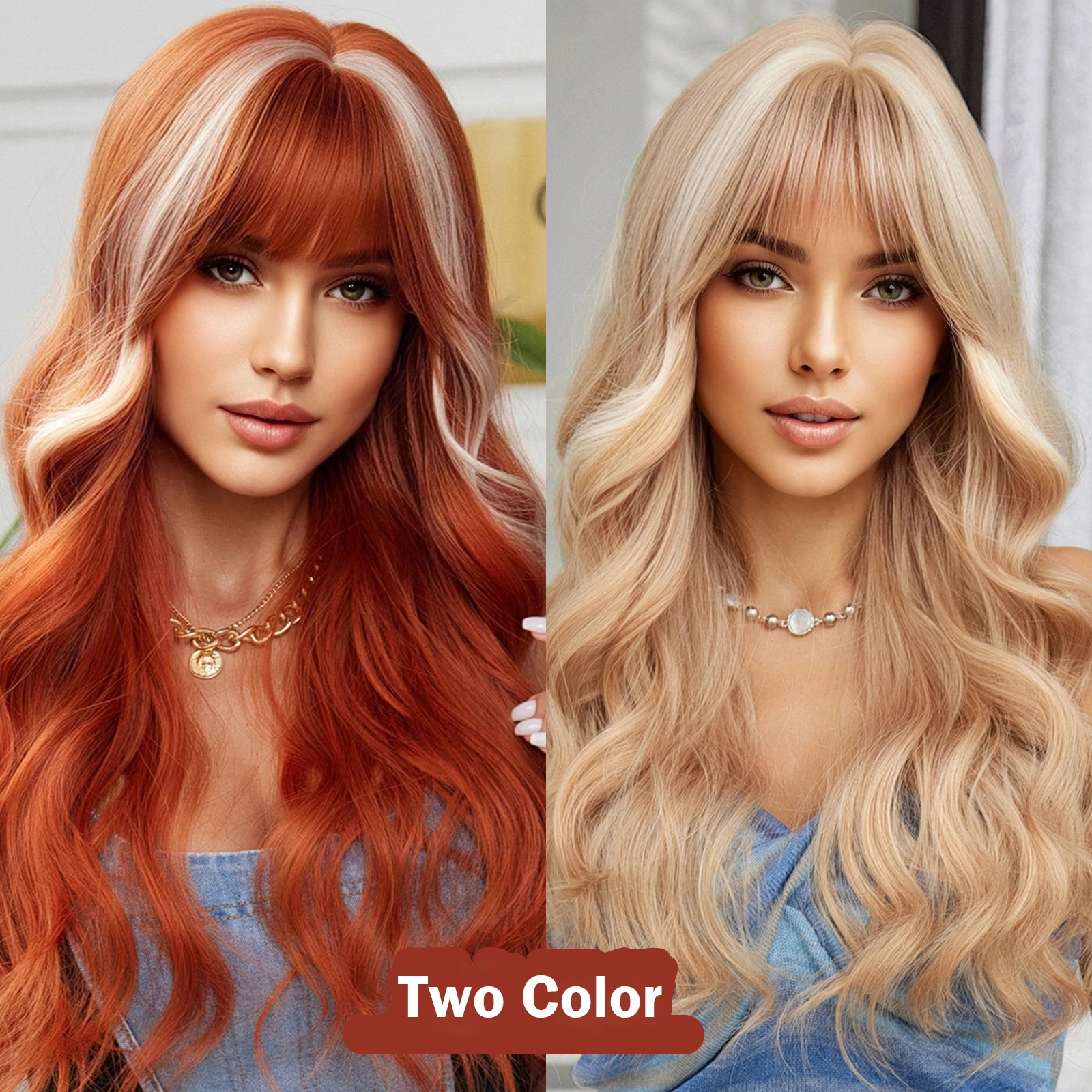 Ginger Copper Long Wavy Synthetic Wigs with Bangs Blonde Highlight Cosplay Party Wig for Women Natural Heat Resistant Fake Hair
Ginger Copper Long Wavy Synthetic Wigs with Bangs Blonde Highlight Cosplay Party Wig for Women Natural Heat Resistant Fake Hair