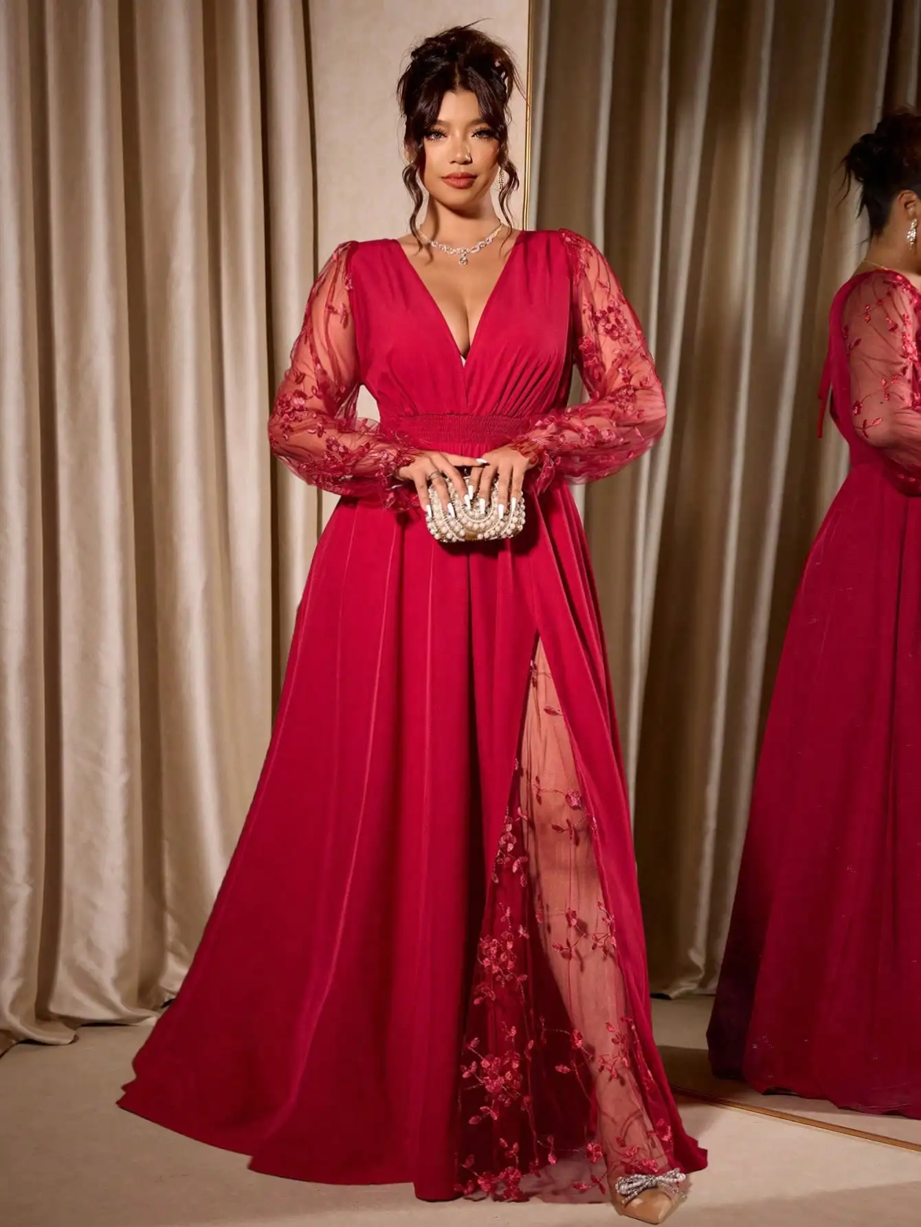 Elegant Red Maxi Dress with Deep V-Neck, Sheer Lace Sleeves & High Slit
Elegant Red Maxi Dress with Deep V-Neck, Sheer Lace Sleeves & High Slit