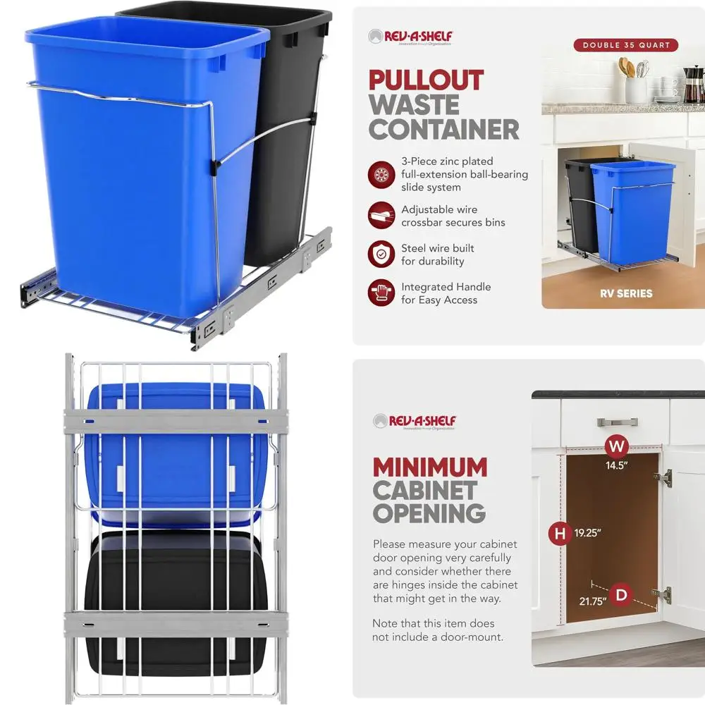 Double Pullout Trash Can, 35-Quart Kitchen Cabinet Recycling Bin with Blue/Black Slides
Double Pullout Trash Can, 35-Quart Kitchen Cabinet Recycling Bin with Blue/Black Slides