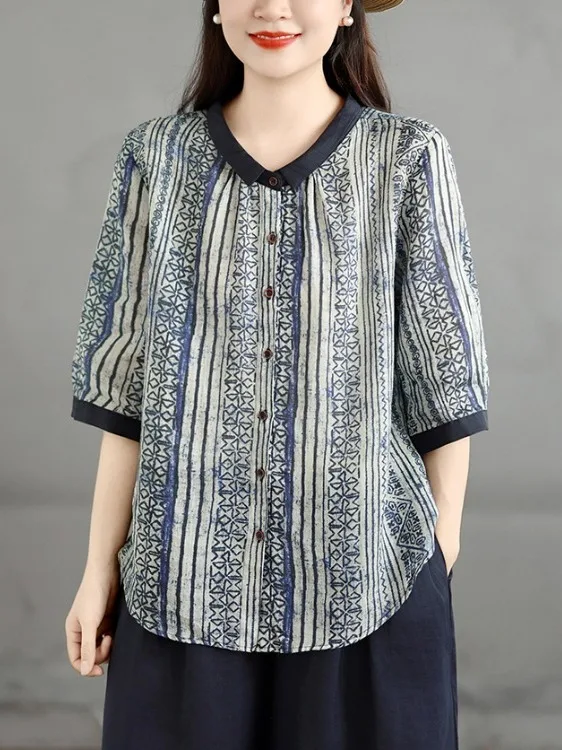 Summer Vintage Print Cotton Linen Casual Shirt Large Size Women's Five Sleeve Buttoned Small Collar Open Cardigan Top
Summer Vintage Print Cotton Linen Casual Shirt Large Size Women's Five Sleeve Buttoned Small Collar Open Cardigan Top