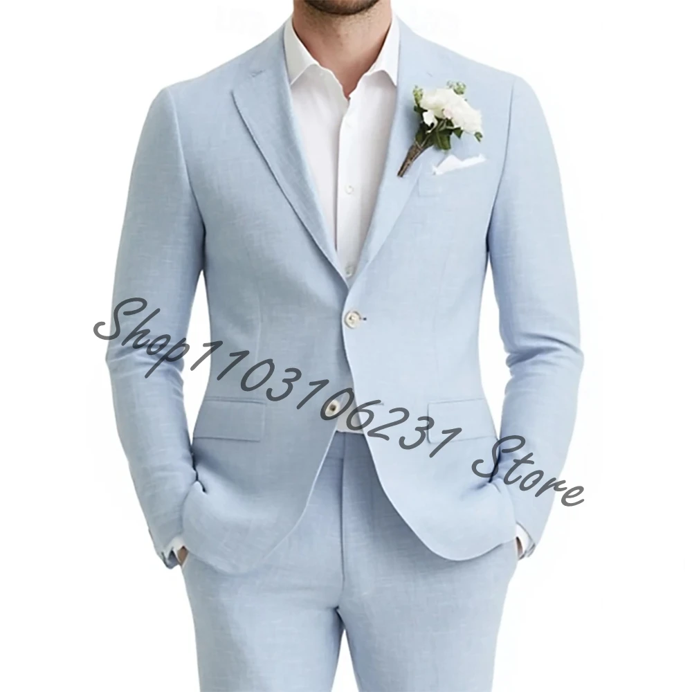 Sky Blue Linen Men Wedding Suits Slim Fit Notched Lapel Two Buttons Jacket Pants 2 Pieces Casual Groom Tuxedos Costume Homme
Sky Blue Linen Men Wedding Suits Slim Fit Notched Lapel Two Buttons Jacket Pants 2 Pieces Casual Groom Tuxedos Costume Homme