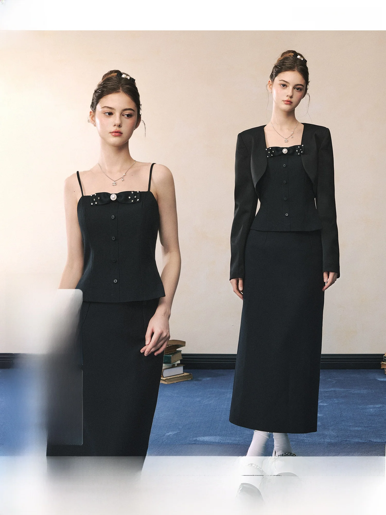 Elegant Black Suit Set with Shoulder Pads Knot Slimming Strap Half Skirt Fashionable Women's Three-Piece Ensemble
Elegant Black Suit Set with Shoulder Pads Knot Slimming Strap Half Skirt Fashionable Women's Three-Piece Ensemble