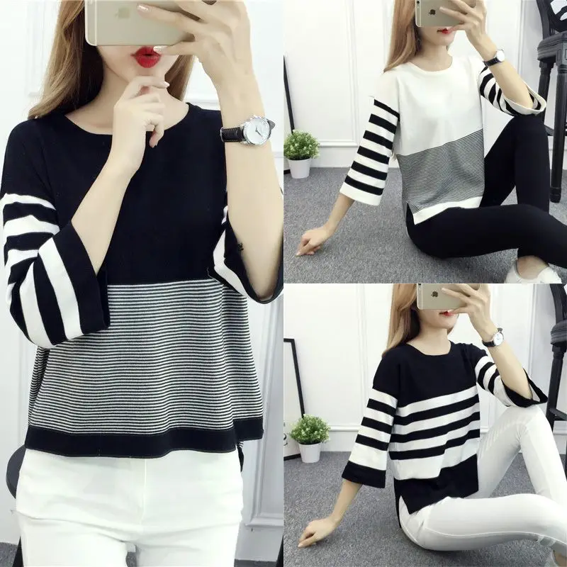 Fashion Split Striped Knitted T-shirt Spring Summer Half Sleeve Women's Clothing Casual Loose Round Neck Basic Korean Pullovers
Fashion Split Striped Knitted T-shirt Spring Summer Half Sleeve Women's Clothing Casual Loose Round Neck Basic Korean Pullovers