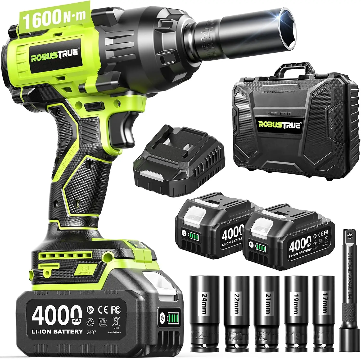 1600N.m (1180ft-lbs) 1/2" Cordless Impact Wrench, High Torque Brushless, 2400RPM, 2x4.0Ah Batteries & Fast Charger, Heavy Duty for Truck RV Mower
1600N.m (1180ft-lbs) 1/2" Cordless Impact Wrench, High Torque Brushless, 2400RPM, 2x4.0Ah Batteries & Fast Charger, Heavy Duty for Truck RV Mower