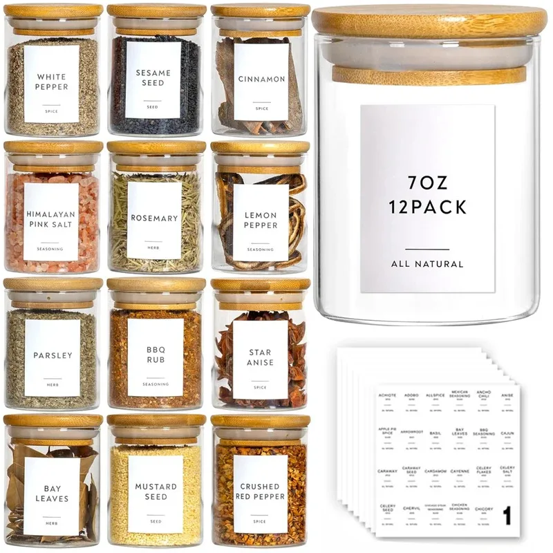 12pcs 6.5oz Glass Spice Jars with Bamboo Airtight Lids Small Kitchen Food Storage Containers for Seasoning Coffee Herbs
12pcs 6.5oz Glass Spice Jars with Bamboo Airtight Lids Small Kitchen Food Storage Containers for Seasoning Coffee Herbs
