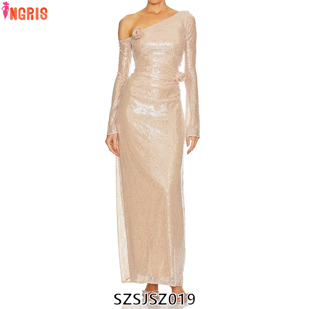 Sexy one-shoulder long-sleeved floral lace sequins apricot oblique collar pleated slim fit elegant evening dress-SZSJSZ019
Sexy one-shoulder long-sleeved floral lace sequins apricot oblique collar pleated slim fit elegant evening dress-SZSJSZ019