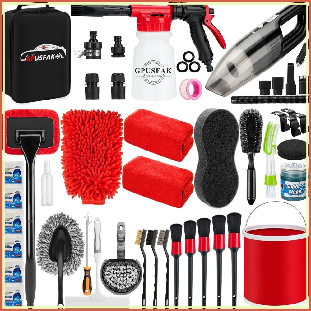 46Pcs Car Wash Cleaning Kit with Foam Gun Sprayer,Detailing Brushes,Vacuum, Collapsible Bucket,Windshield Tool,Tire Brush,Towels
46Pcs Car Wash Cleaning Kit with Foam Gun Sprayer,Detailing Brushes,Vacuum, Collapsible Bucket,Windshield Tool,Tire Brush,Towels