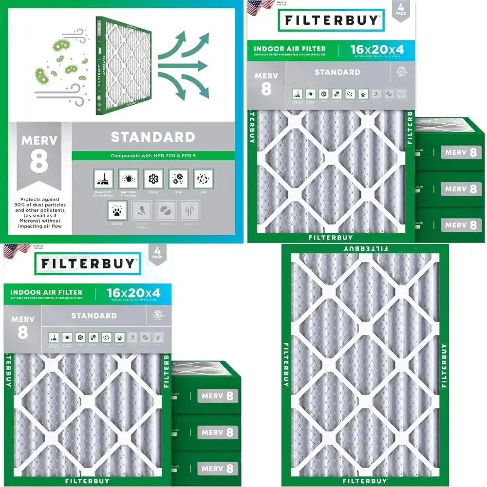 4-PACK MERV 8 Air Filters for Dust & Allergy Relief - 16x20x4 Pleated HVAC AC Furnace Filters (Actual Size: 15.5x19.5x3.63)
4-PACK MERV 8 Air Filters for Dust & Allergy Relief - 16x20x4 Pleated HVAC AC Furnace Filters (Actual Size: 15.5x19.5x3.63)
