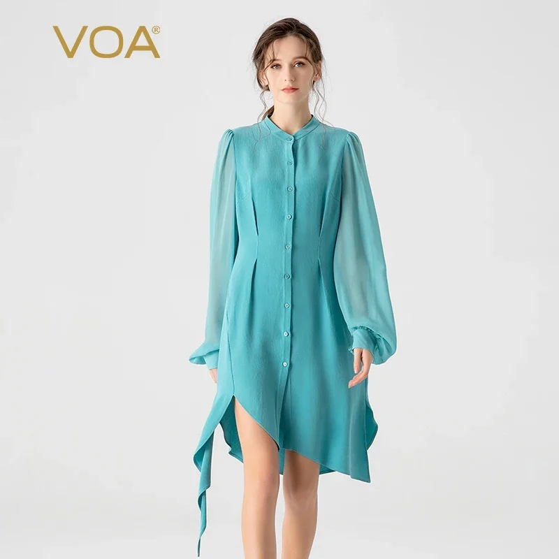 VOA 40 Momme Heavyweight Silk Ice Blue Round Neck Lantern Long Sleeve Dresses Women Single Breasted Irregular Midi Dress AE1839
VOA 40 Momme Heavyweight Silk Ice Blue Round Neck Lantern Long Sleeve Dresses Women Single Breasted Irregular Midi Dress AE1839