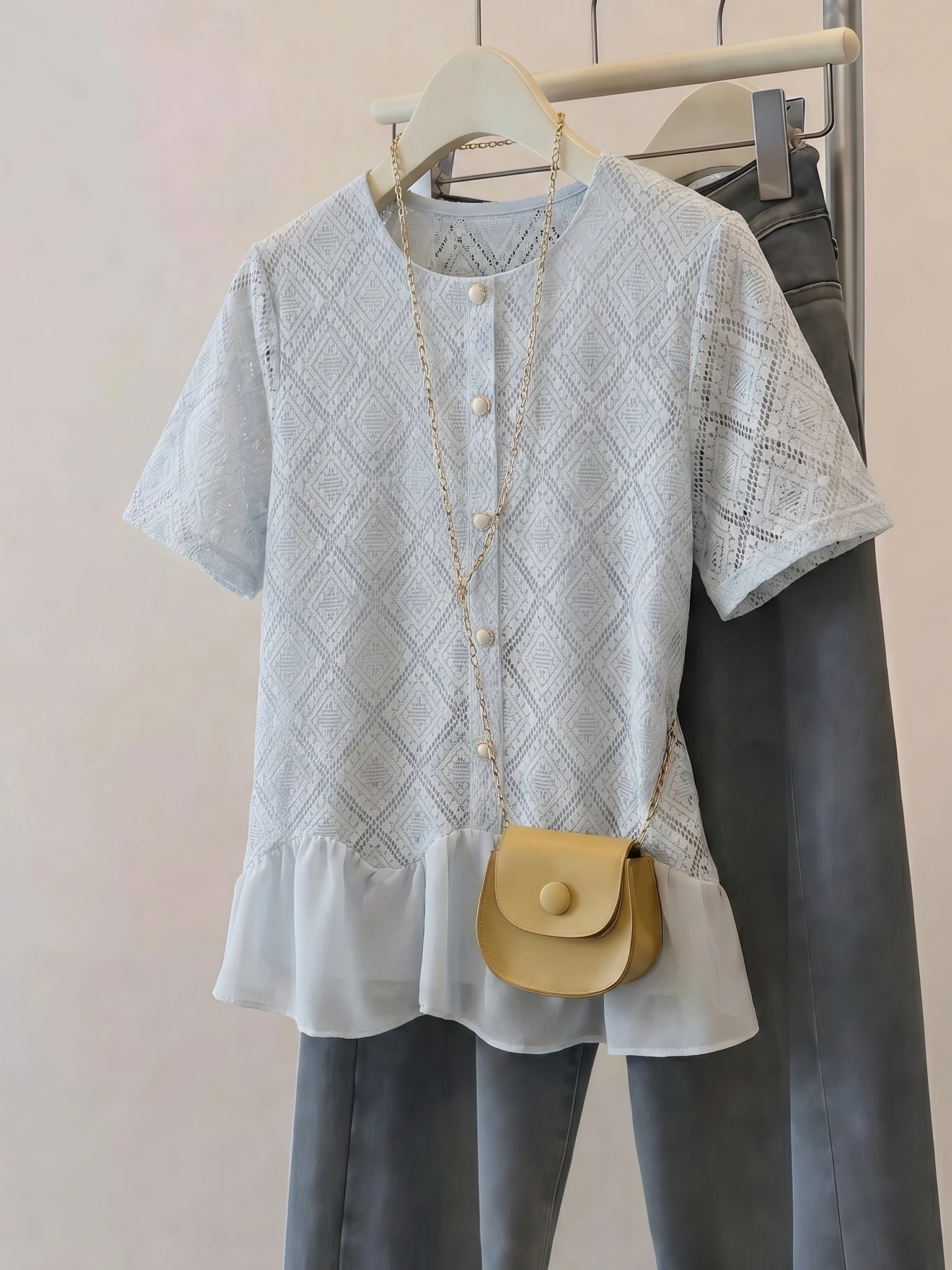 Light Blue Lace Hollow out Shoulder Women's Shirt Korean Style Loose Fit Short Sleeve round Neck Commute Fashion Summer New
Light Blue Lace Hollow out Shoulder Women's Shirt Korean Style Loose Fit Short Sleeve round Neck Commute Fashion Summer New
