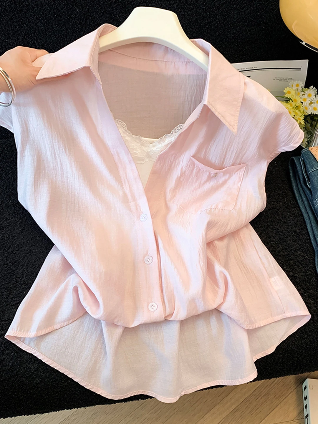 Pink Irregular Thin Two-Piece Casual Short Sleeve Women's Summer Luxury Simple Leisure Top Flip Collar Design Basic Style
Pink Irregular Thin Two-Piece Casual Short Sleeve Women's Summer Luxury Simple Leisure Top Flip Collar Design Basic Style