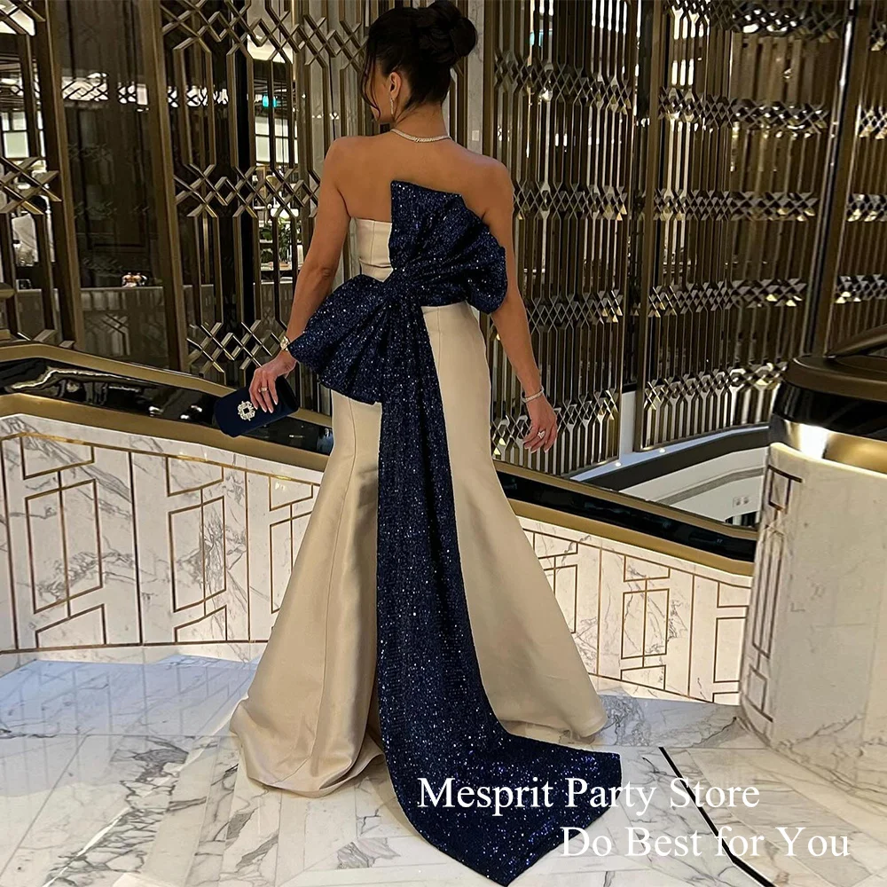 Fashion Mermaid Prom Dress with Navy Sequin Bow Train Strapless Sleeveless Floor Length Satin Evening Dresses Saudi Design
Fashion Mermaid Prom Dress with Navy Sequin Bow Train Strapless Sleeveless Floor Length Satin Evening Dresses Saudi Design