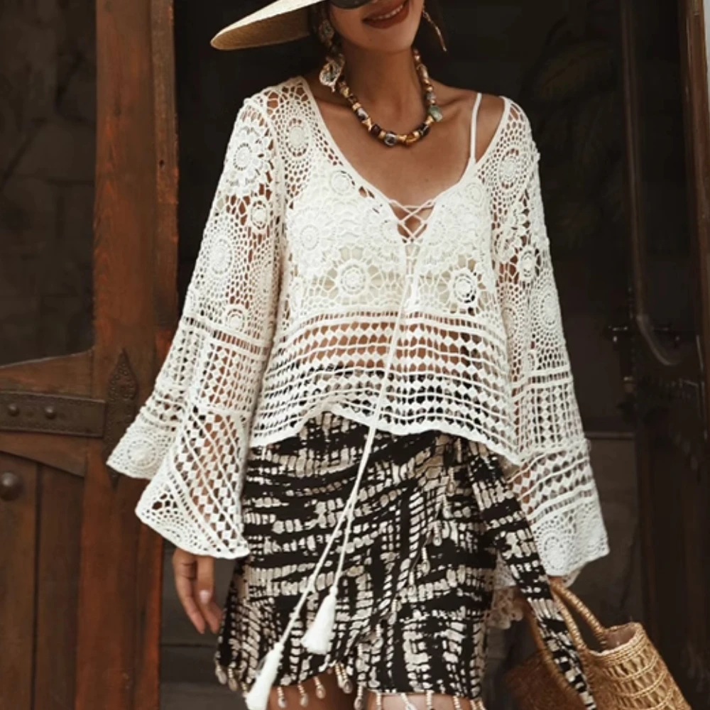 Crochet Knitted Pullover Blouses Shirts For Women Tops Hollow Out Flare Long Sleeve Boho Beach Wear Lace Cover-ups Blusas Summer
Crochet Knitted Pullover Blouses Shirts For Women Tops Hollow Out Flare Long Sleeve Boho Beach Wear Lace Cover-ups Blusas Summer