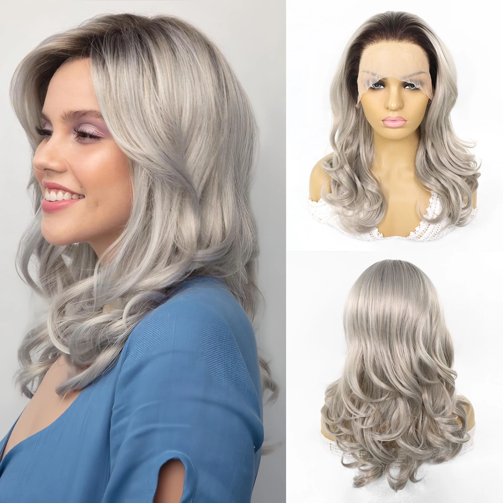18-дюймовые средние вьющиеся волнистые синтетические парики спереди для женщин Ombre Серебристо-серый парик с темными корнями без челки для ежедневного использования
18-дюймовые средние вьющиеся волнистые синтетические парики спереди для женщин Ombre Серебристо-серый парик с темными корнями без челки для ежедневного использования