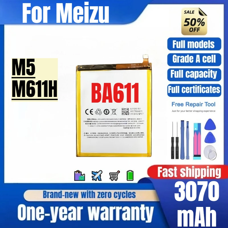 BA611 for Meizu M5/M611H Mobile Phone Battery 0 Cycle High Quality High Capacity Replacement Bateria Grade A Cell with Tools
BA611 for Meizu M5/M611H Mobile Phone Battery 0 Cycle High Quality High Capacity Replacement Bateria Grade A Cell with Tools