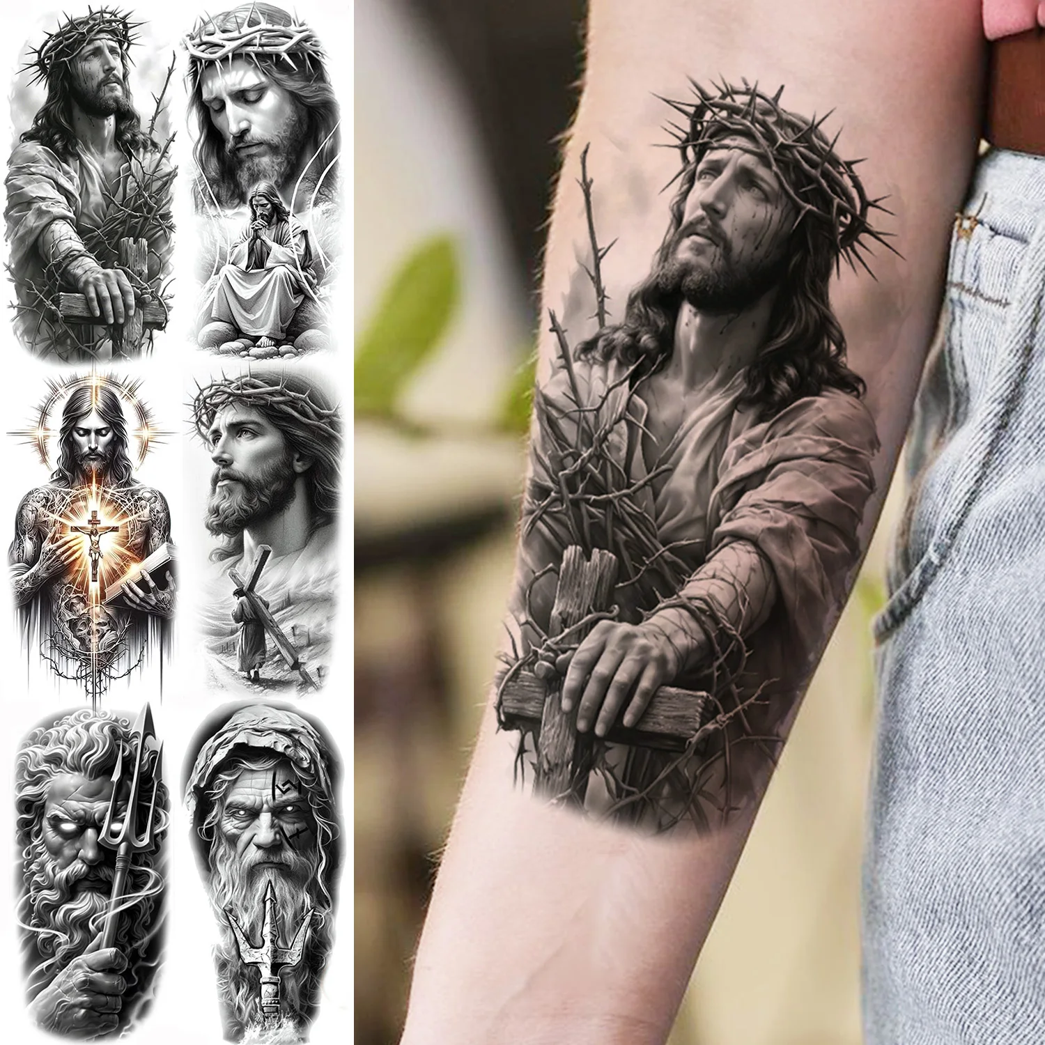 1 Sheet Waterproof Jesus With Cross Thorn Temporary Tattoos For Men Women Realistic Zeus Warrior Tatoos Temp Fake Tattoo Sticker
1 Sheet Waterproof Jesus With Cross Thorn Temporary Tattoos For Men Women Realistic Zeus Warrior Tatoos Temp Fake Tattoo Sticker