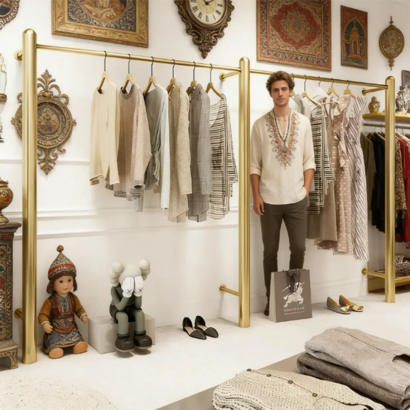 Clothing store display rack floor-to-ceiling upper wall wall hanging gold clothes women's clothing display rack hanging
Clothing store display rack floor-to-ceiling upper wall wall hanging gold clothes women's clothing display rack hanging