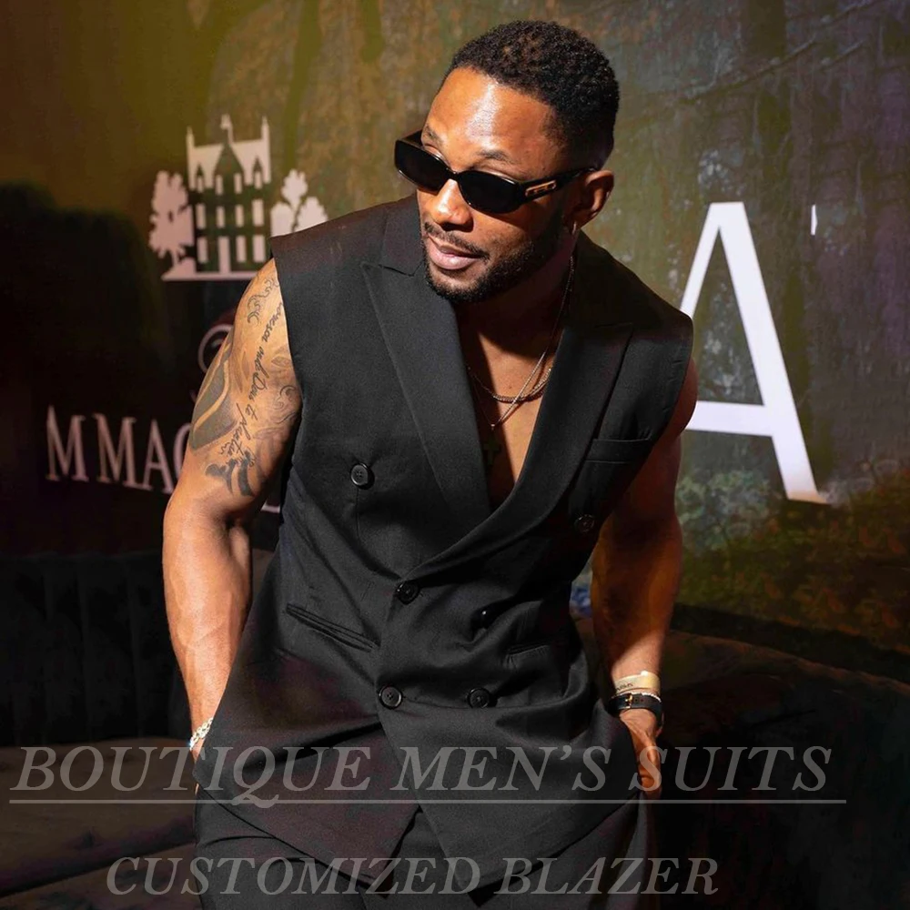 Summer Black Outerwear Men's Suits Casual Chic Sleeveless Double Breasted Peak Lapel 2 Piece Jacket Pants Sets Costume Homme
Summer Black Outerwear Men's Suits Casual Chic Sleeveless Double Breasted Peak Lapel 2 Piece Jacket Pants Sets Costume Homme