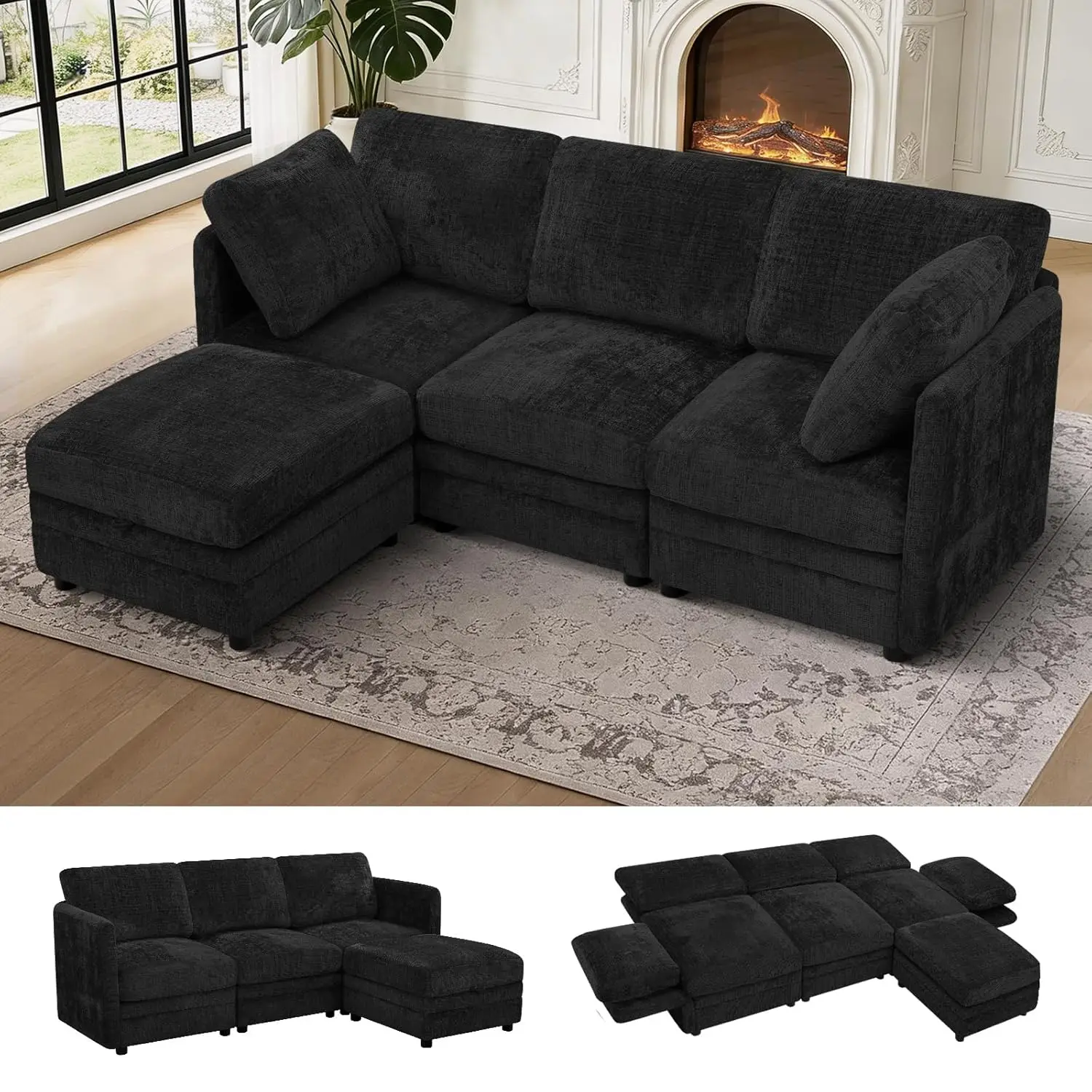 86in Chenille Convertible Modular Sectional Sofa Adjustable Backrest Storage Seats Living Room Black, Customized
86in Chenille Convertible Modular Sectional Sofa Adjustable Backrest Storage Seats Living Room Black, Customized
