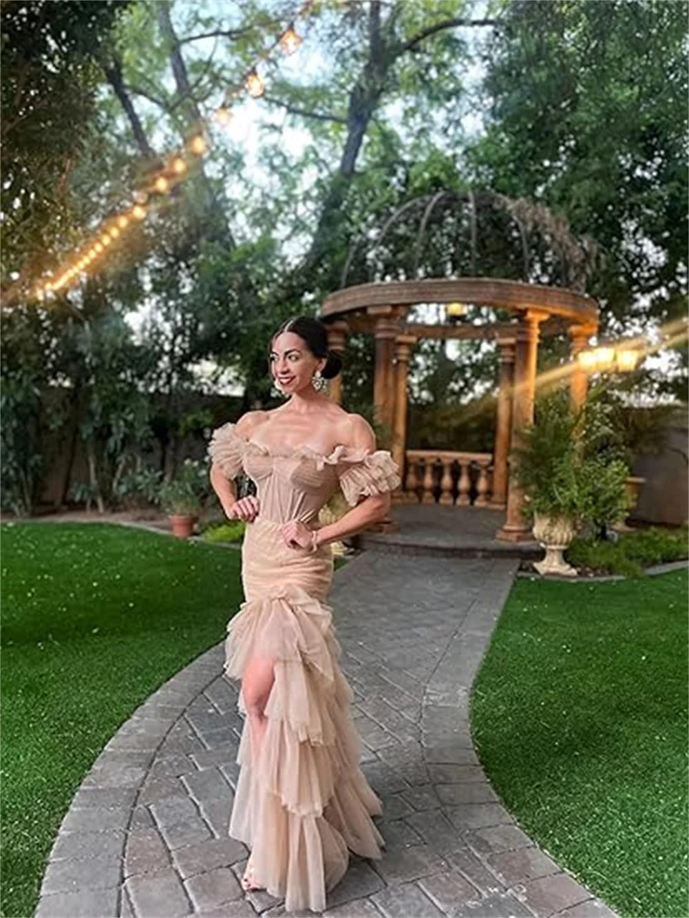 Тюлевое платье для выпускного вечера с открытыми плечами по индивидуальному заказу, многоуровневые вечерние платья с высоким разрезом, облегающее вечернее платье, платья русалки на день рождения