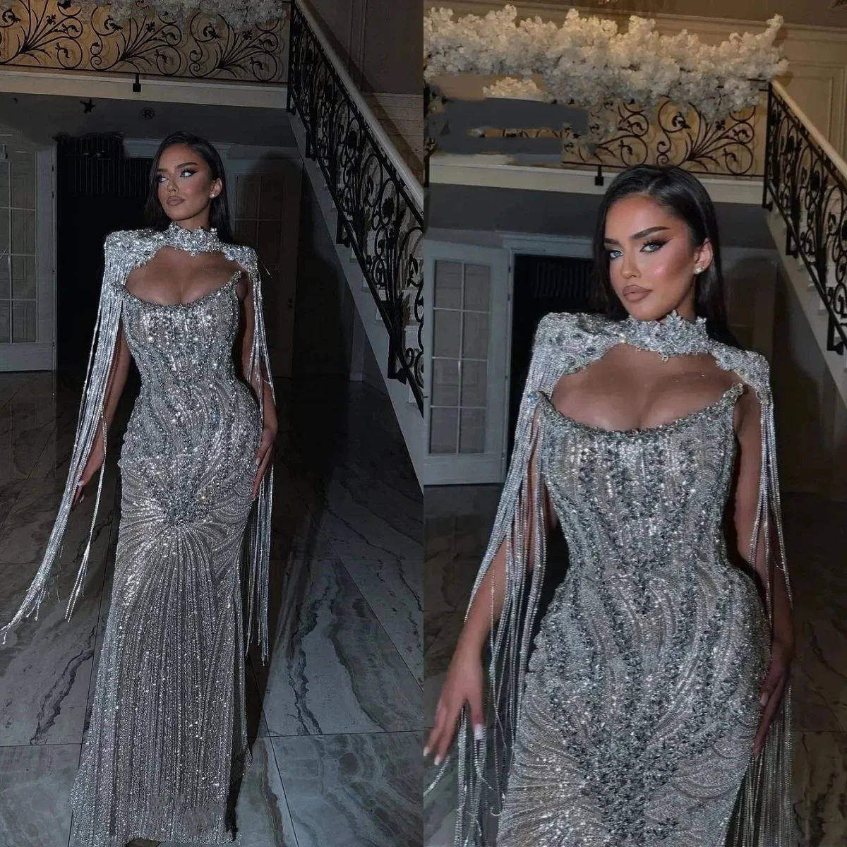 Luxury Tassel Prom Dress With Cape Sleeve Customized Beaded Dubai Party Gowns Africa Rhinestones Formal Evening Dresses
Luxury Tassel Prom Dress With Cape Sleeve Customized Beaded Dubai Party Gowns Africa Rhinestones Formal Evening Dresses
