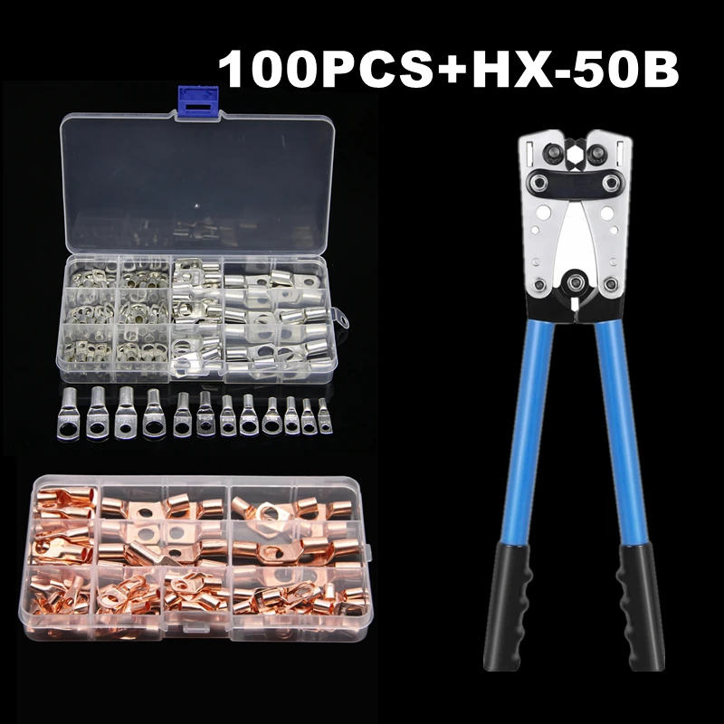 100Pcs Copper/Tinned Copper Lug Battery Cable Crimp Terminals Soldered Connector HX-50B Crimp Plier Kit
100Pcs Copper/Tinned Copper Lug Battery Cable Crimp Terminals Soldered Connector HX-50B Crimp Plier Kit