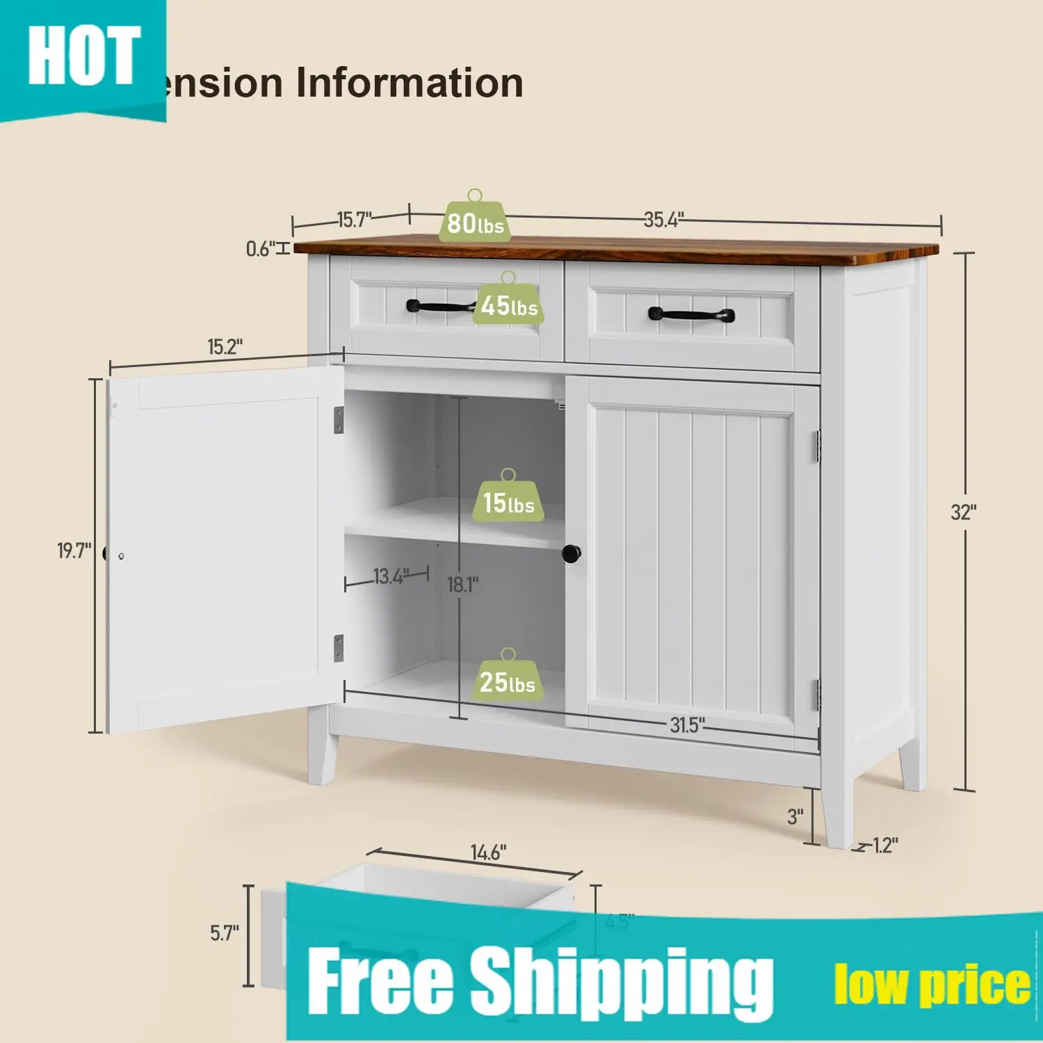 Kitchen Sideboard Buffet Cabinet, 32'' H Large Kitchen Storage Island and Adjustable Shelf, Modern Coffee Bar Console Cabinet fo
Kitchen Sideboard Buffet Cabinet, 32'' H Large Kitchen Storage Island and Adjustable Shelf, Modern Coffee Bar Console Cabinet fo
