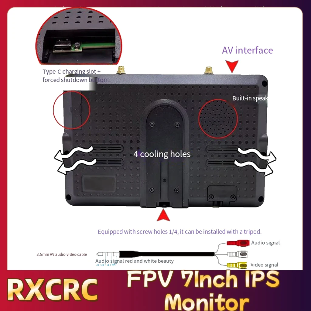 RXCRC 5.8G FPV 7 Inch Receiving Display Screen for Drone Racing Live Video Transmission Wireless Camera IPS 1024*600PX 600cd/㎡
RXCRC 5.8G FPV 7 Inch Receiving Display Screen for Drone Racing Live Video Transmission Wireless Camera IPS 1024*600PX 600cd/㎡