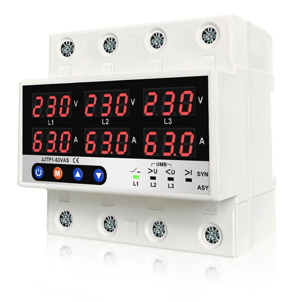 Трехфазный электрический защитный прибор с настраиваемым диапазоном защиты от перенапряжения от 230В до 300В и от пониженного напряжения от 140В до 210В
Трехфазный электрический защитный прибор с настраиваемым диапазоном защиты от перенапряжения от 230В до 300В и от пониженного напряжения от 140В до 210В