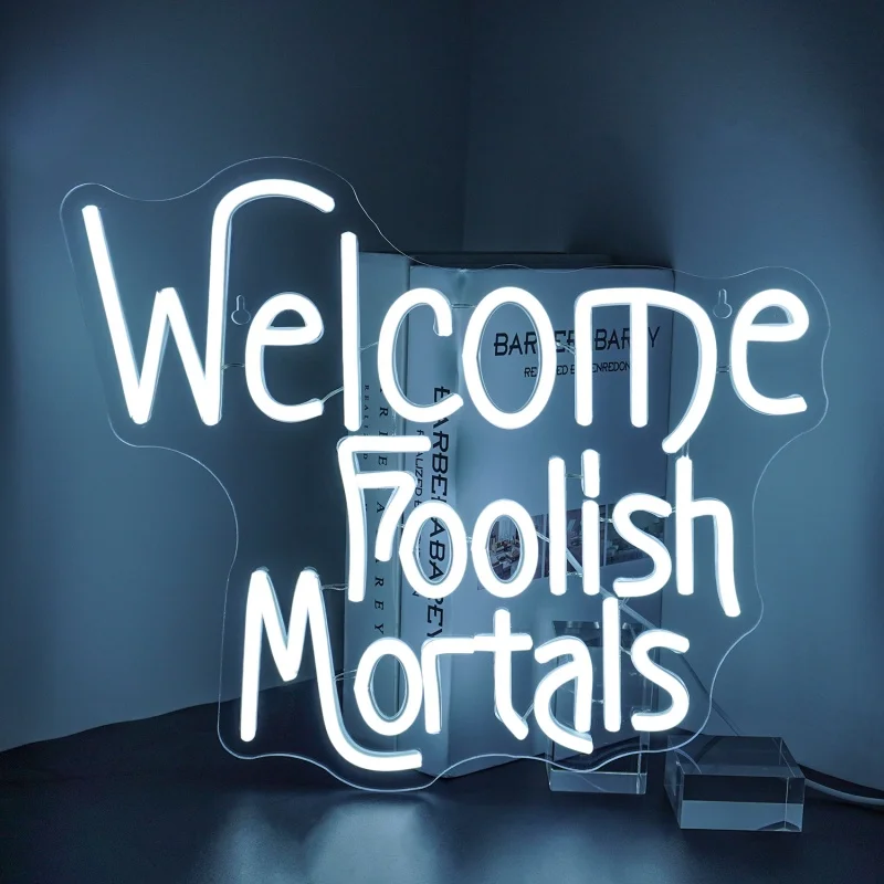 Cool white neon sign featuring the words ‘Welcome, foolish mortals’ – perfect for parties, bedrooms, living rooms and interiors
Cool white neon sign featuring the words ‘Welcome, foolish mortals’ – perfect for parties, bedrooms, living rooms and interiors