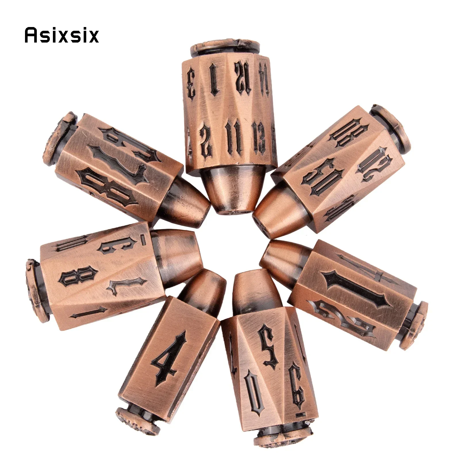 7 Pcs Copper Metal Bullet Black Number Sharp Edge Dice Polyhedral Dice Suitable For Role-Playing Dice PropCard Game
7 Pcs Copper Metal Bullet Black Number Sharp Edge Dice Polyhedral Dice Suitable For Role-Playing Dice PropCard Game