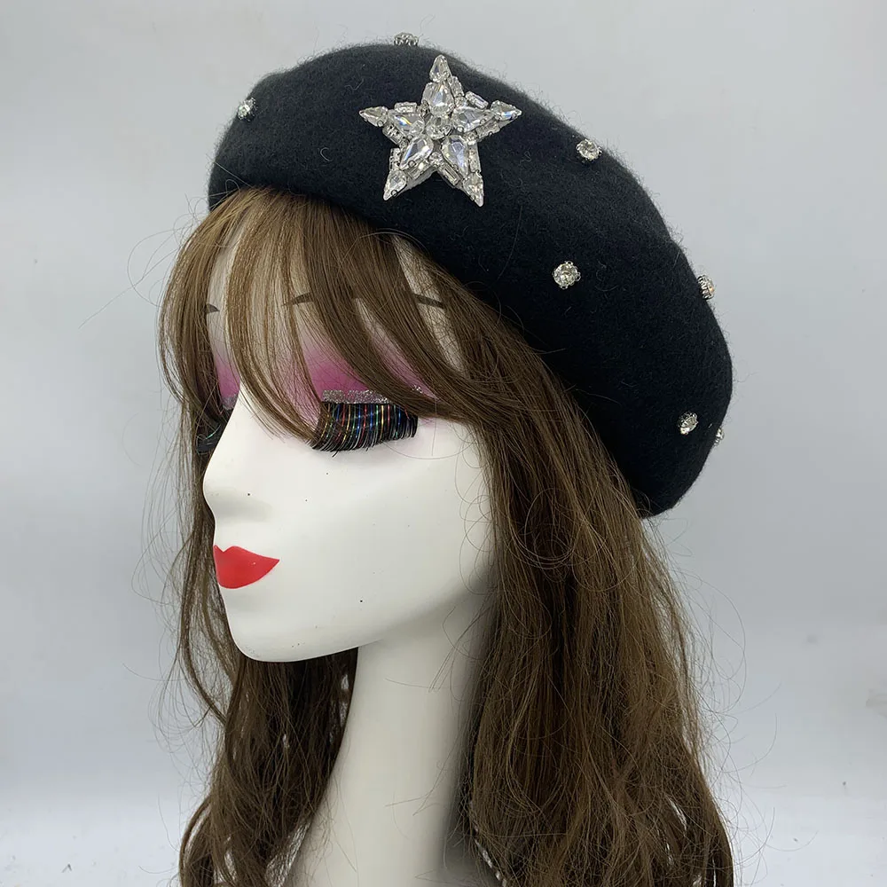 

Luxury Diamonds Stars Berets for Women Winter Warm Beanies Hat French Vintage Wool Painter Cap