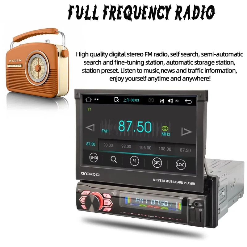 Car Multimedia Player Automatic Retractable Screen MP5 Player 1 DIN 7" GPS Bluetooth MirrorLink Carplay Android Auto
Car Multimedia Player Automatic Retractable Screen MP5 Player 1 DIN 7" GPS Bluetooth MirrorLink Carplay Android Auto