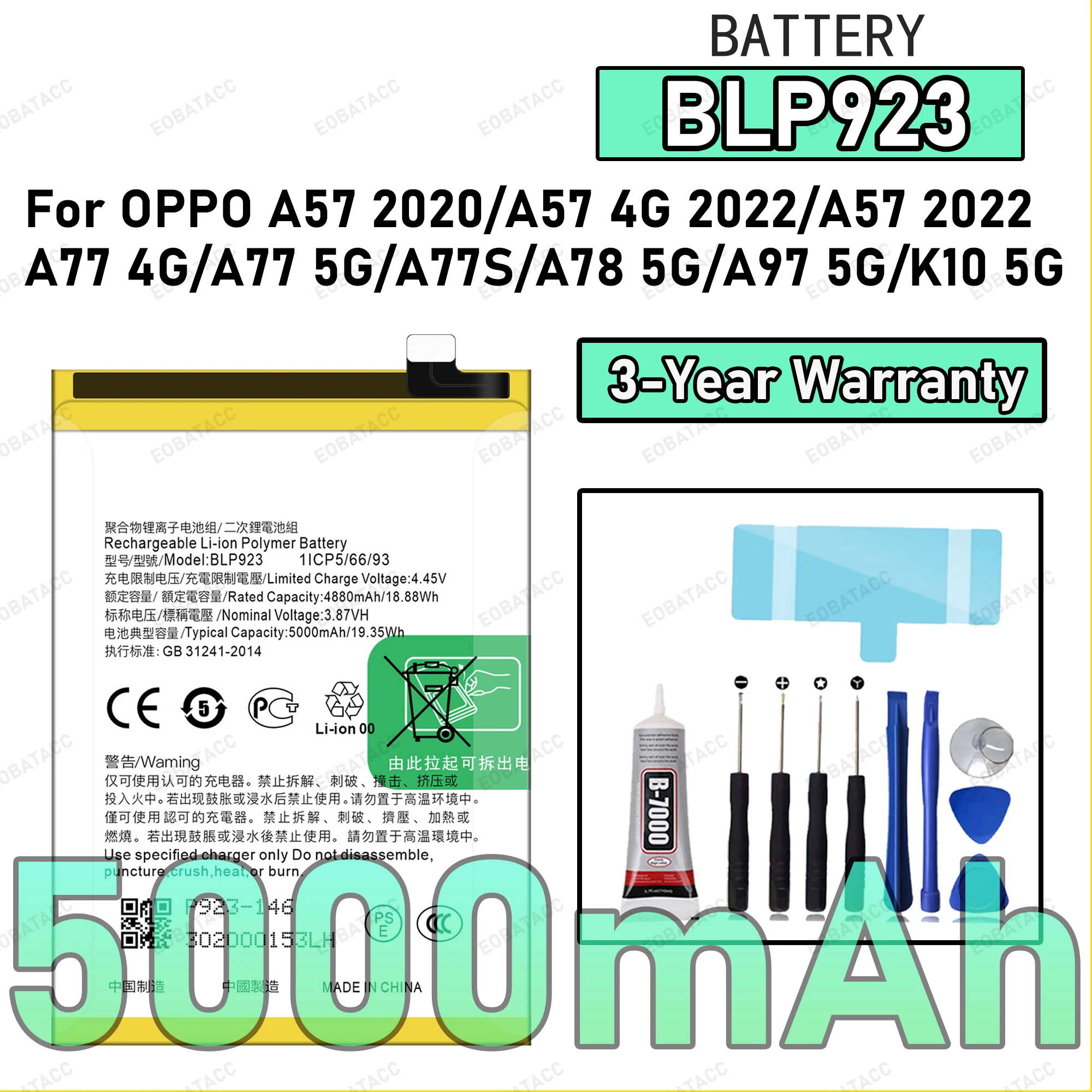 5000mAh BLP923 Battery For OPPO A57 2020/A57 4G 2022/A57 2022/A77 4G/A77 5G Replacement Bateria+Free Tools
5000mAh BLP923 Battery For OPPO A57 2020/A57 4G 2022/A57 2022/A77 4G/A77 5G Replacement Bateria+Free Tools