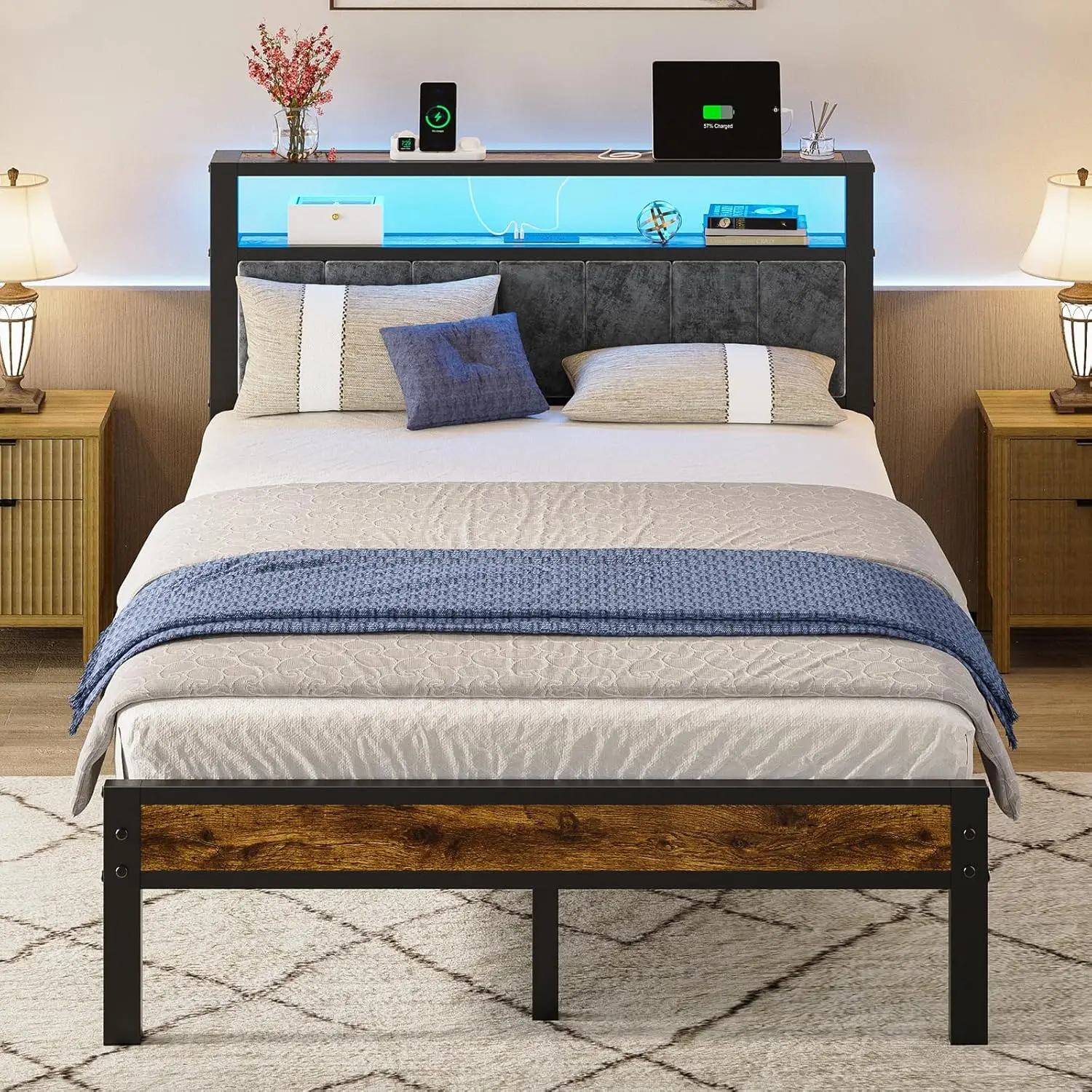 Full Upholstered Platform Bed Frame LED Charging Station Headboard Storage Shelves Noise Free No Box Spring, Customized
Full Upholstered Platform Bed Frame LED Charging Station Headboard Storage Shelves Noise Free No Box Spring, Customized