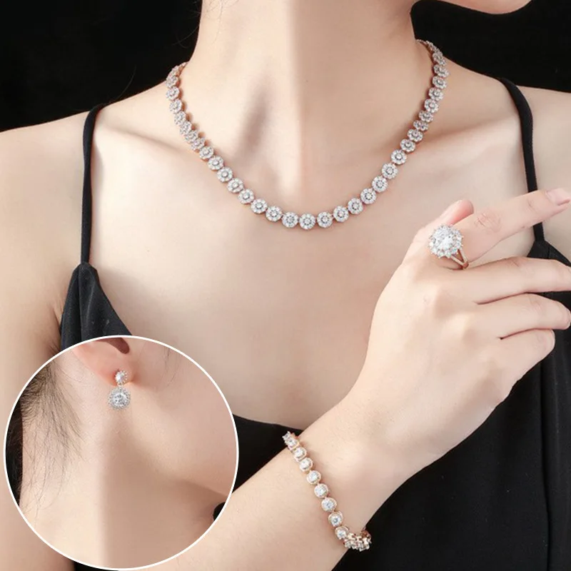 Bridal Wedding Jewelry Set Copper Set Zircon Necklace Female Earrings Ring Bracelet Set
Bridal Wedding Jewelry Set Copper Set Zircon Necklace Female Earrings Ring Bracelet Set