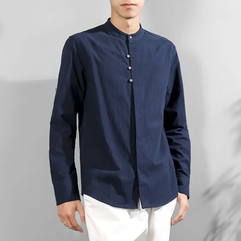 Весенне-осенняя мужская рубашка из хлопка и линии с длинными рукавами в китайском стиле, повседневная однотонная универсальная рубашка с воротником-стойкой
Весенне-осенняя мужская рубашка из хлопка и линии с длинными рукавами в китайском стиле, повседневная однотонная универсальная рубашка с воротником-стойкой