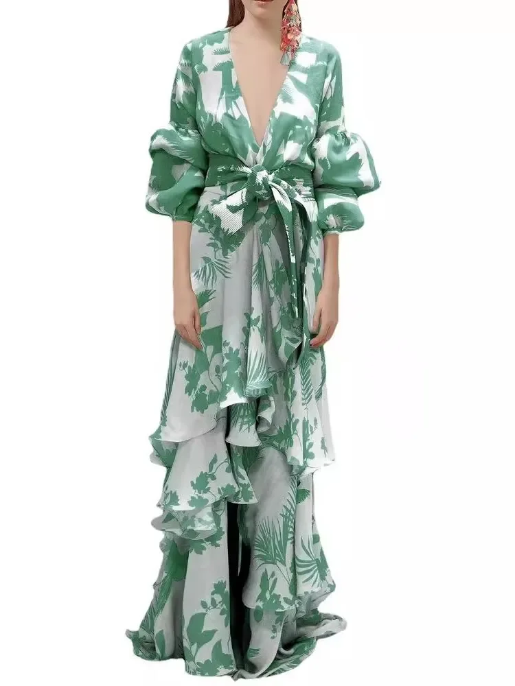 Women's Print Ruffle Party Dresses Elegant Deep V-neck Lantern Sleeve Long Dress Fashion Tie-up Waist Irregular Bohemian Vestido
Women's Print Ruffle Party Dresses Elegant Deep V-neck Lantern Sleeve Long Dress Fashion Tie-up Waist Irregular Bohemian Vestido