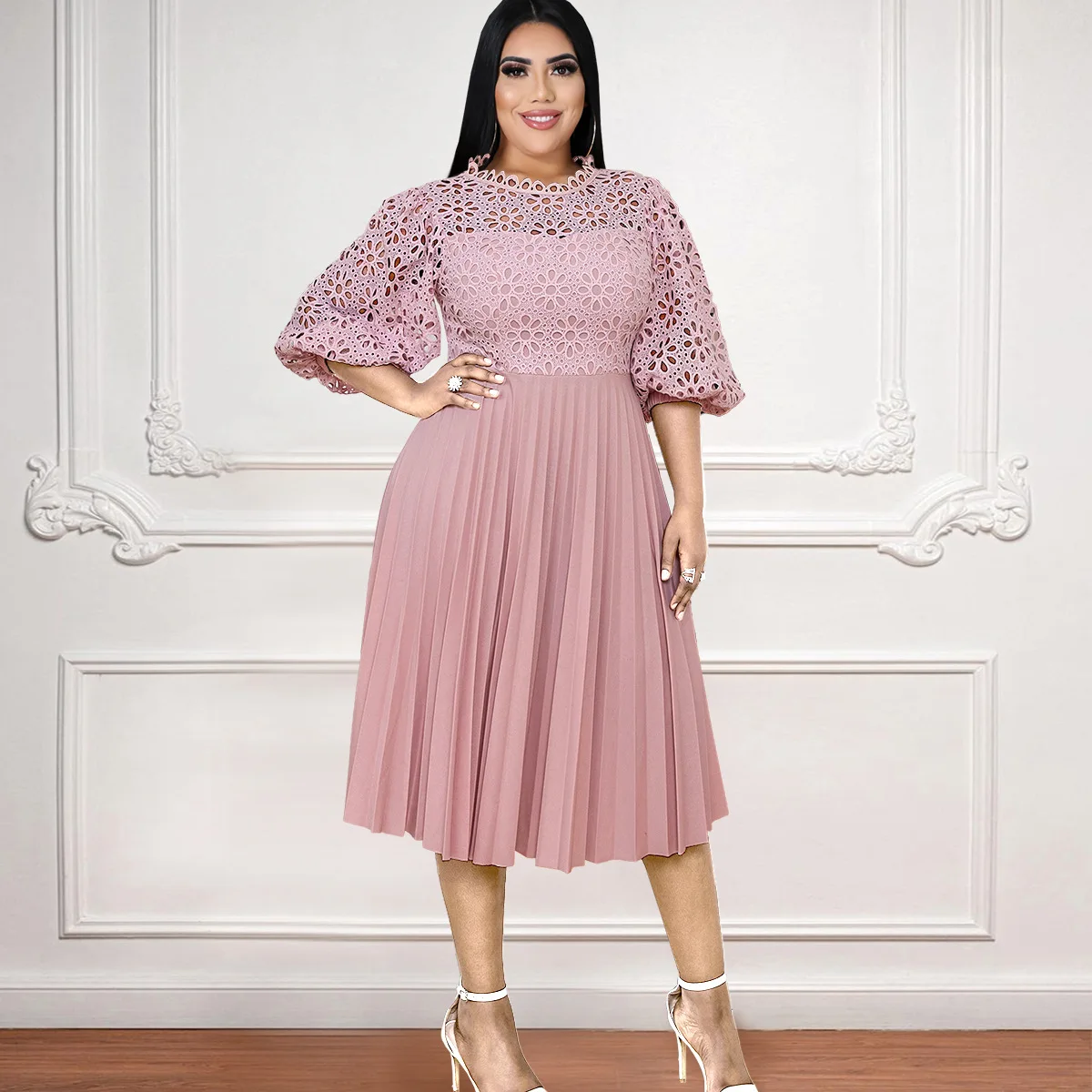 Elegant plus Size Lace Pleated Dress Midi Skirt Casual Style High Waist Bubble Sleeve Polyester Fiber Spring Summer Autumn Dress
Elegant plus Size Lace Pleated Dress Midi Skirt Casual Style High Waist Bubble Sleeve Polyester Fiber Spring Summer Autumn Dress