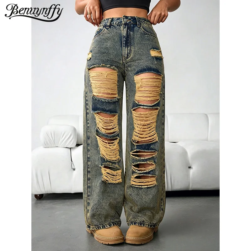 Benuynffy American Retro Ripped Hole Distressed Jeans Women's Streetwear Bf Style High Waist Loose Straight Leg Denim Pants
Benuynffy American Retro Ripped Hole Distressed Jeans Women's Streetwear Bf Style High Waist Loose Straight Leg Denim Pants