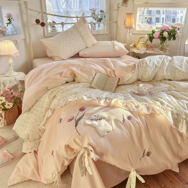 3/4Pcs Bedding Set Floral Rabbit Bow Lace Bed With Pink Duvet Cover Muslin Bedding Bed Sheets Kawaii Princess French-Style
3/4Pcs Bedding Set Floral Rabbit Bow Lace Bed With Pink Duvet Cover Muslin Bedding Bed Sheets Kawaii Princess French-Style