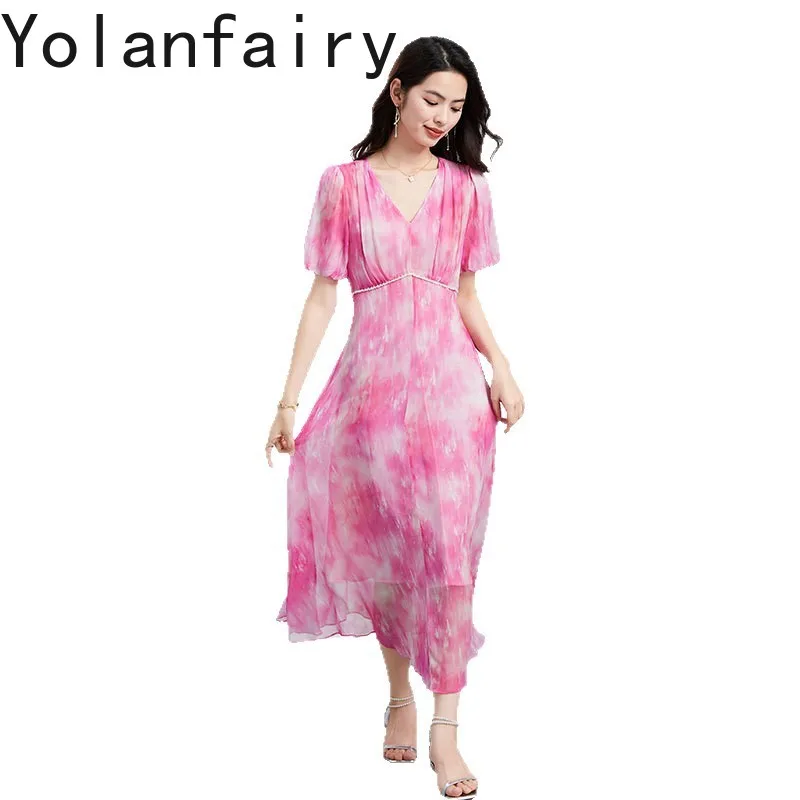 YOLANFAIRY 100% Natural Mulberry Silk Dresses for Woman V-neck Cinched Waist Summer Dress High-end Rose Red Dress vestidos mujer
YOLANFAIRY 100% Natural Mulberry Silk Dresses for Woman V-neck Cinched Waist Summer Dress High-end Rose Red Dress vestidos mujer