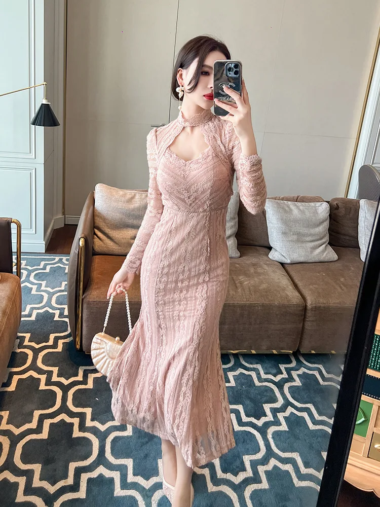 Coigarsam Dress Women Spring Office Lady French Style Solid Lace O-Neck Hollow Out High Waist Sand Pink Dresses
Coigarsam Dress Women Spring Office Lady French Style Solid Lace O-Neck Hollow Out High Waist Sand Pink Dresses