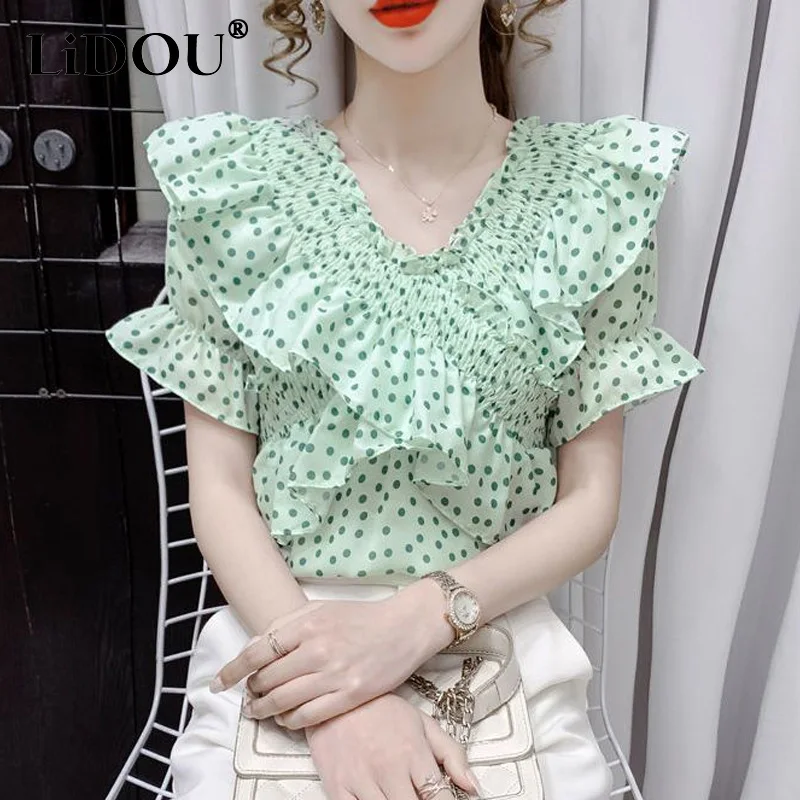2023 Summer New Fashion Polka Dot Printing V-neck Puff Sleeve T-shirt Women Casual Ruffles Pleated Ventilate All-match Tees
2023 Summer New Fashion Polka Dot Printing V-neck Puff Sleeve T-shirt Women Casual Ruffles Pleated Ventilate All-match Tees