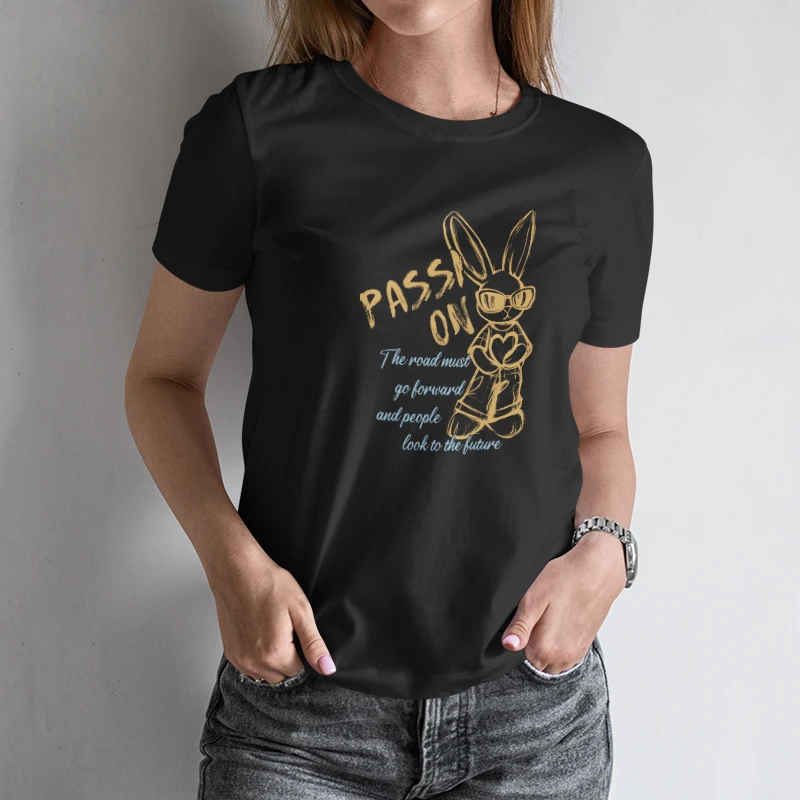 Motivational Women's Short Sleeve T Shirt“PASS ON” Bunny themed Print with Inspiring Quote for a Forward looking Summer Look
Motivational Women's Short Sleeve T Shirt“PASS ON” Bunny themed Print with Inspiring Quote for a Forward looking Summer Look